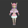 Anime Game Character With White Horns Purple Hair And Pink White Ruffle Dress