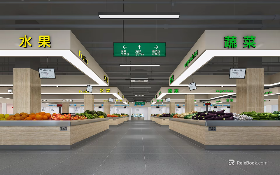 Supermarket Grocery Fresh Fruits and Vegetables Section with Organized Shelves and Bright Signage 3d model 