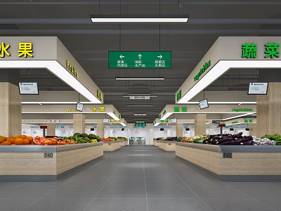 Supermarket Grocery Fresh Fruits and Vegetables Section with Organized Shelves and Bright Signage 3d model