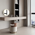 Modern Vanity Table With Round Mirror Stool And Window Curtain Interior