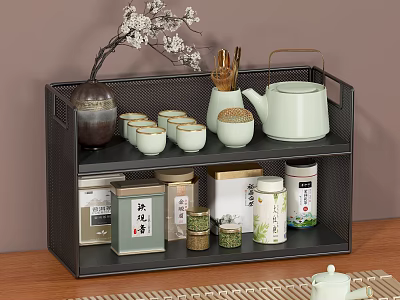 Two Tier Black Metal Shelf Holding Tea Set Teacups Teapot Tea Canisters on Wooden Table 3d model
