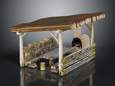 Wooden Outdoor Structure with Rustic Roof Firewood Stack Brick Oven and Bench 3d model