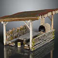 Wooden Outdoor Structure with Rustic Roof Firewood Stack Brick Oven and Bench