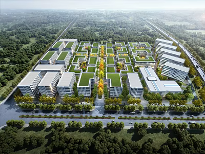 Aerial View Planning of Modern Buildings With Green Roofs Trees and Roads 3d model