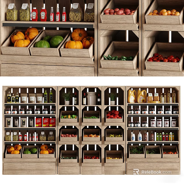 Wooden Display Shelves with Multiple Layers for Fresh Fruits Vegetables and Bottled Condiments Organized Storage 3d model 