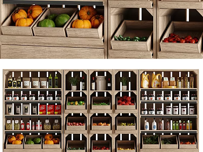 Wooden Display Shelves with Multiple Layers for Fresh Fruits Vegetables and Bottled Condiments Organized Storage 3d model
