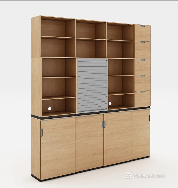 Wooden Bookcase Featuring Multiple Open Shelves Central Louvered Panel And Lower Cabinet Doors 3d model 
