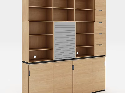 Wooden Bookcase Featuring Multiple Open Shelves Central Louvered Panel And Lower Cabinet Doors 3d model