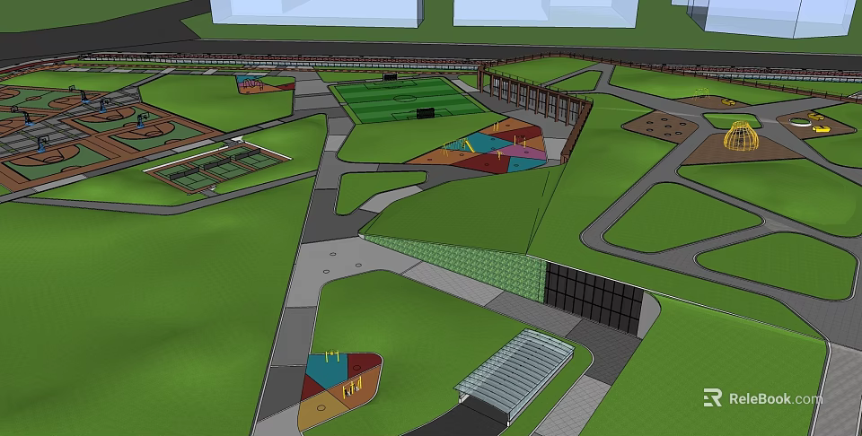 Beautiful Park Landscape With Green Lawns Winding Paths And Colorful Recreational Areas 3d model 
