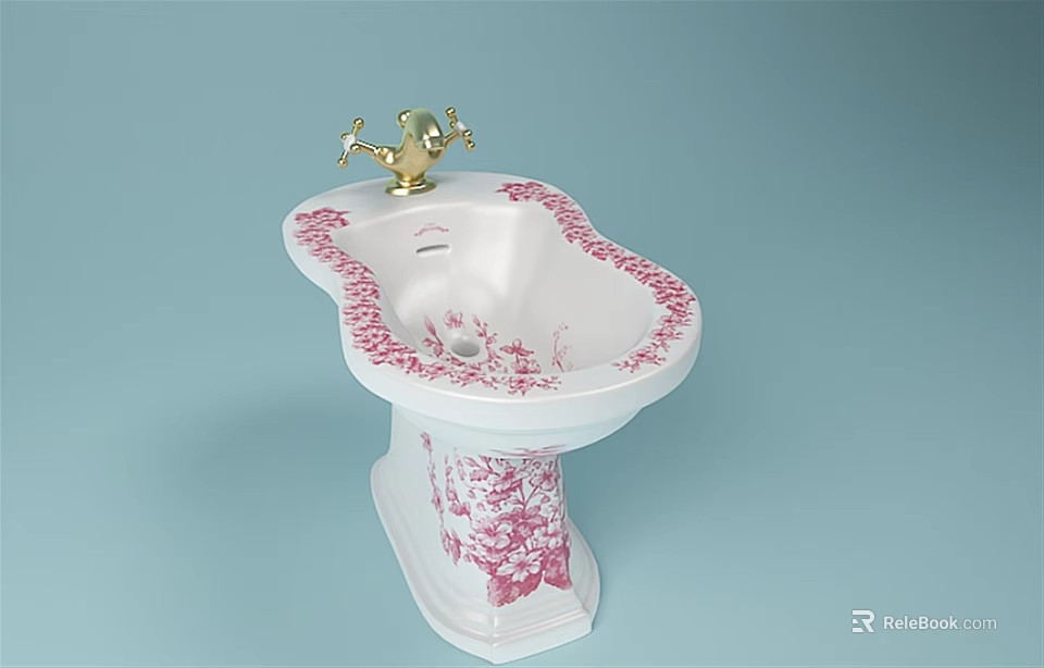 White Pedestal Washbasin With Pink Floral Pattern And Gold Faucet Design 3d model 