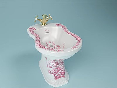 White Pedestal Washbasin With Pink Floral Pattern And Gold Faucet Design 3d model