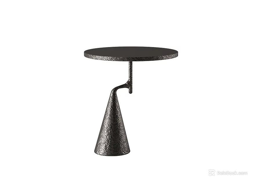Black Round Top Side Table With Conical Metal Base And Textured Surface 3d model