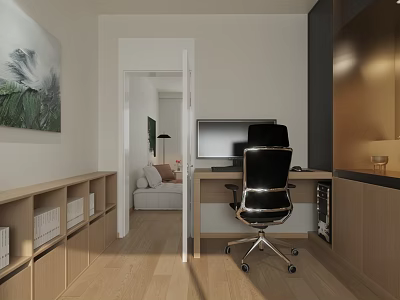Study Room Interior Design With Wooden Bookshelves Black Office Chair And Computer Desk 3d model