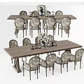 Elegant Dining Table Set With Wooden Table Patterned Chairs And Decorative Vases 3d model