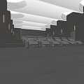 Modern Cinema Interior Featuring Gray Sofa Seats Stepped Seating Wooden Walls And Circular White Lights