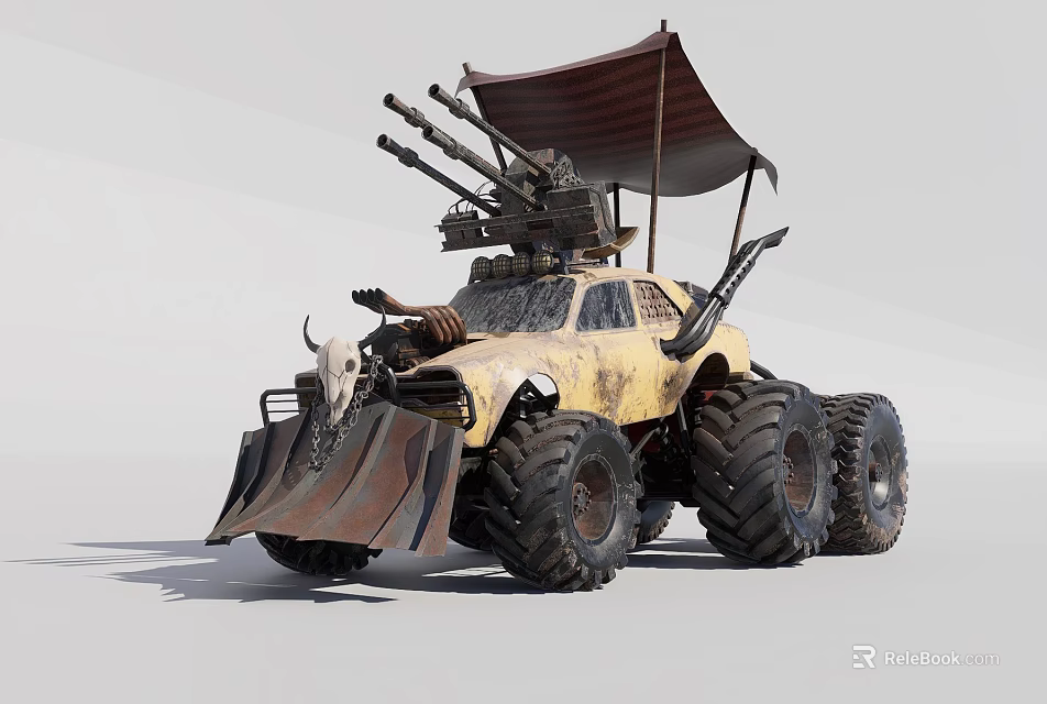 Post Apocalyptic Modified Off Road Vehicle With Heavy Weapons Large Tires And Canopy 3d model 