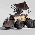 Post Apocalyptic Modified Off Road Vehicle With Heavy Weapons Large Tires And Canopy