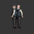 Two Elderly Men Standing Together In Blue Vests And Brown Pants On White Background