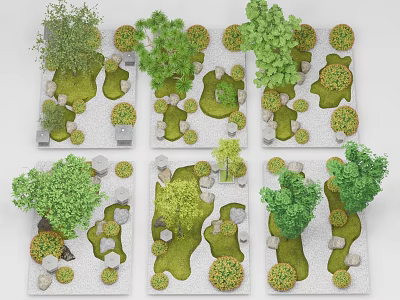 Various Miniature Garden Layouts With Green Plants Stone Paths And Small Shrubs 3d model