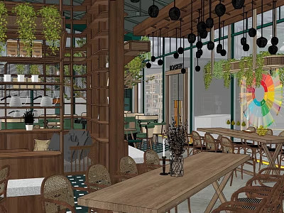 Cozy Café Interior Featuring Wooden Tables Chairs Hanging Green Plants And Colorful Decor 3d model