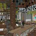Cozy Café Interior Featuring Wooden Tables Chairs Hanging Green Plants And Colorful Decor
