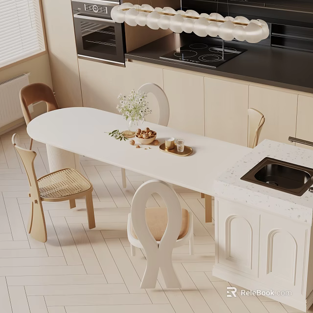 Modern Minimalist Sunlit Kitchen Dining Table Set With Woven Chairs White Countertop And Cabinets 3d model 