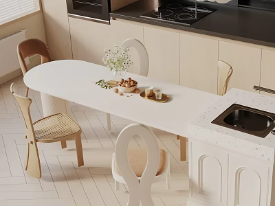 Modern Minimalist Sunlit Kitchen Dining Table Set With Woven Chairs White Countertop And Cabinets 3d model
