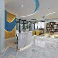 Cultural Training School Interior With Yellow Sign Glass Doors Bookshelves And Decorative Wall