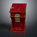 Vintage Red Trunk With Worn Texture Metal Lock And Green Decorative Panel