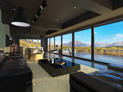 Modern Living Room Interior With Large Windows Mountain Lake View And Black Leather Sofa 3d model