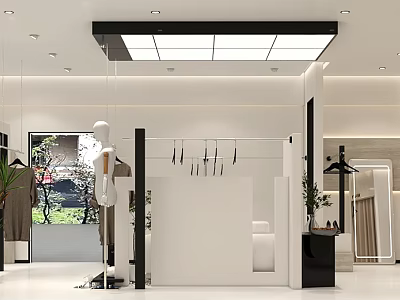 Modern Clothing Store Interior With White And Black Decor Clothing Racks Mannequins Mirrors And Plants 3d model