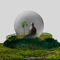 Garden Decor With Transparent Glass Globe Small Plant And Black Bottle On Green Mossy Grass