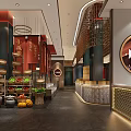 Traditional Chinese Restaurant Interior With Red Decor Lanterns And Food Display Shelves