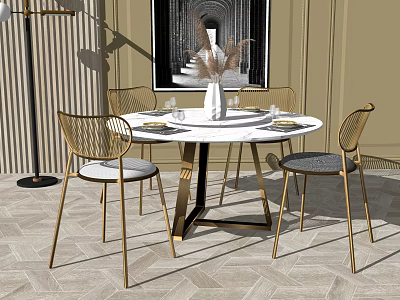 Modern Round Dining Table Set with Marble Top Golden Legs Gray Seat Chairs and Vase 3d model