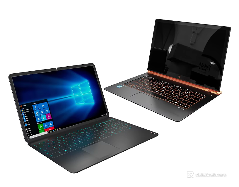Two Modern Laptops With Windows Screen Display And Illuminated Keyboard Design 3d model