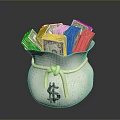 White Money Bag Featuring Dollar Sign Filled With Stacked US Dollar Bills