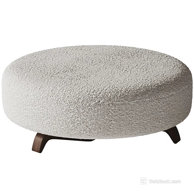 Round Plush Upholstered Ottoman with Dark Wooden Legs Modern Cozy Seating 3d model 