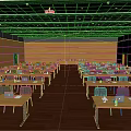 Classroom With Yellow Walls Wooden Floors And Rows Of Desks With Laptops And Water Cups