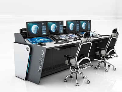 Advanced Control Console Setup With Multiple Monitors Earth Displays And Office Chairs 3d model