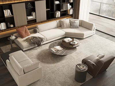 Modern Living Room Sofa And Coffee Table Set With Throw Pillows Blanket Armchair And Books 3d model