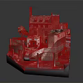 Cartoon Style Detailed Red Brick Building Scene With Chimney Garden And Staircase