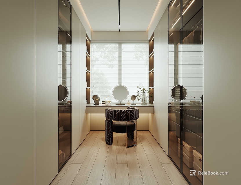 Modern Walk In Closet With Vanity Chair And Glass Wardrobes 3d model 