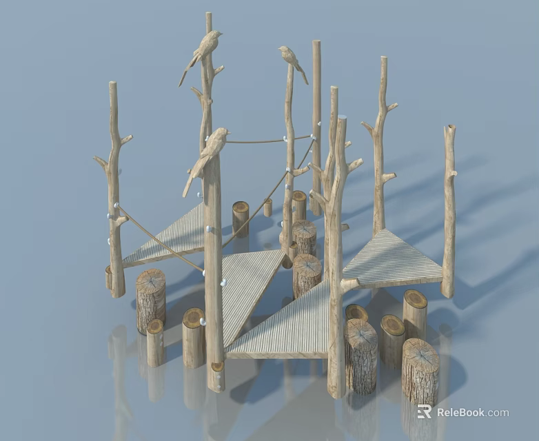 Wooden Swing Door Structure With Natural Tree Branches And Logs Platform 3d model 