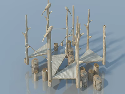 Wooden Swing Door Structure With Natural Tree Branches And Logs Platform 3d model