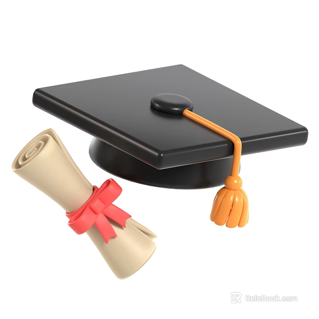 Black Graduation Cap with Rolled Diploma Tied by Red Ribbon 3d model 