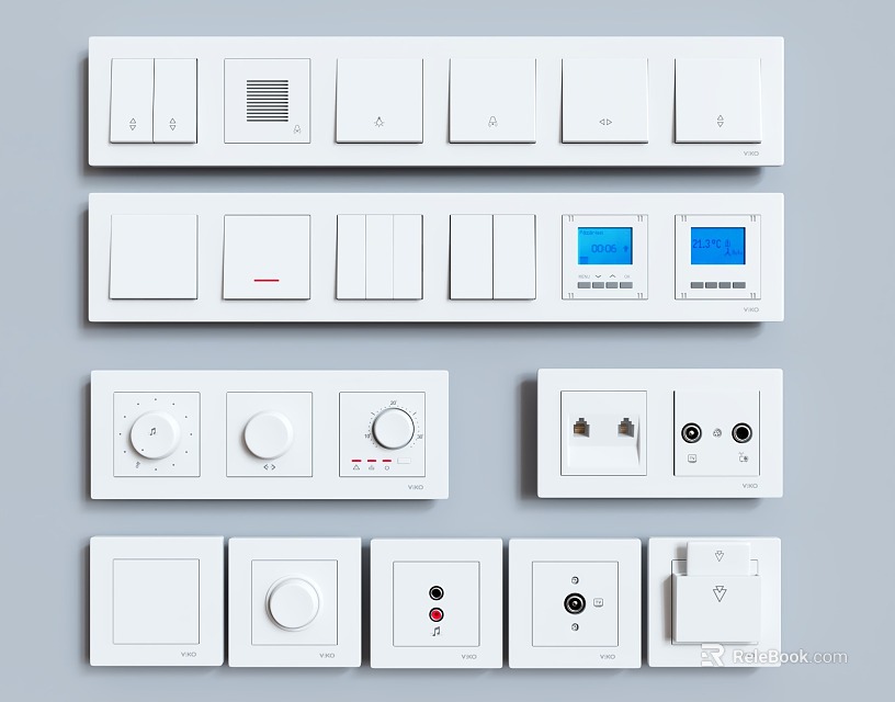 Various Types of Modern White Switch Panels with Buttons Knobs and Sockets 3d model 