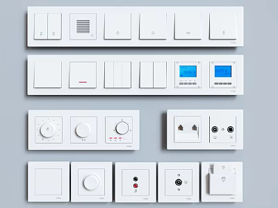 Various Types of Modern White Switch Panels with Buttons Knobs and Sockets 3d model