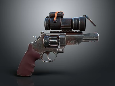 Tactical Silver Revolver Featuring Dark Red Grip Mounted Scope And Orange Strap 3d model
