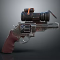 Tactical Silver Revolver Featuring Dark Red Grip Mounted Scope And Orange Strap 3d model