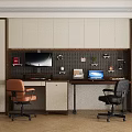 Modern Study Room With Orange And Black Office Chairs Desk Computer Wall Cabinets And Plants